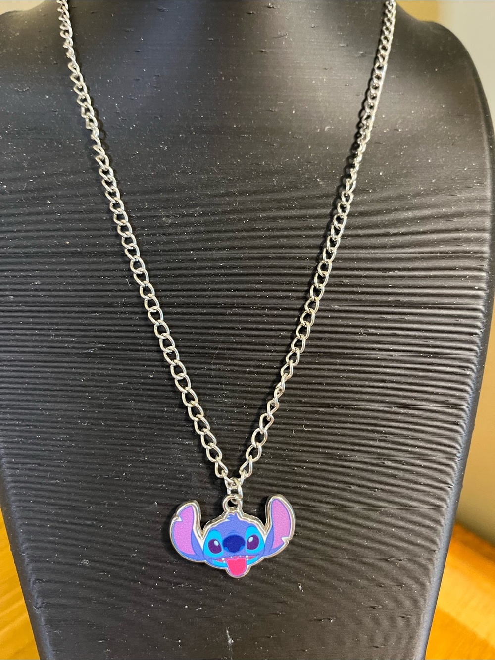 Disney Stitch silver tone enamel Necklace Pendant Chain marked Disney 16”